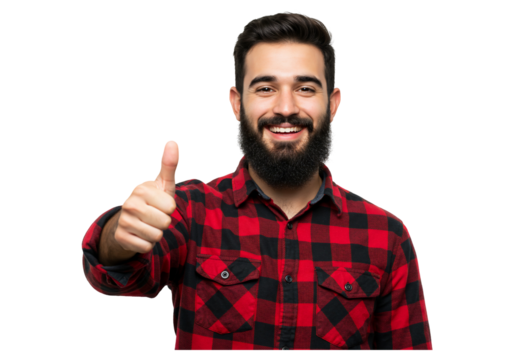 Smiling man giving thumbs up gesture in flannel shirt - Powered by Adobe