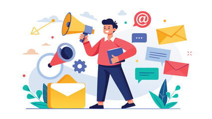 Illustration of a man holding a megaphone with emails and speech bubbles around him promoting marketing