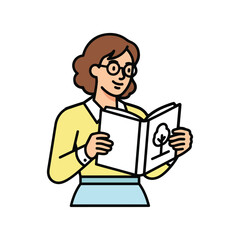 Academic individual studying a textbook, eager to learn. Educational clip art promotes wisdom from reading, teaching a valuable lesson, showing progress.