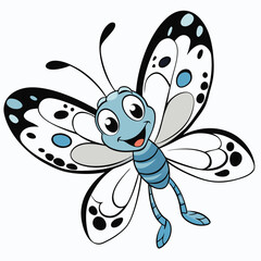 Smiling Blue Butterfly Cartoon Character with Spot Wings on White Background