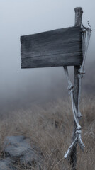 Weathered wooden signpost with eerie skeleton arms in foggy field