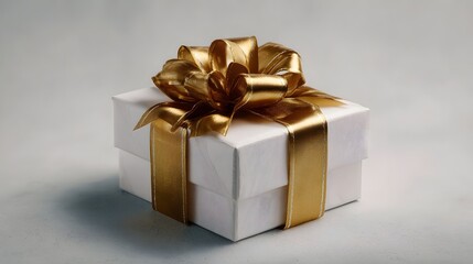Obraz premium Elegant white gift box with a shimmering gold ribbon bow