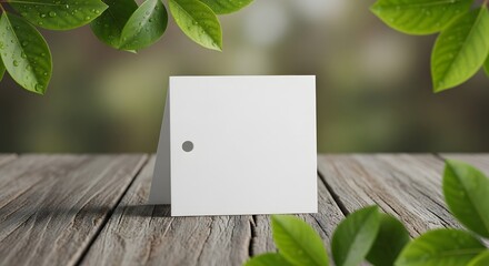 Blank card on rustic wood with fresh green leaves, perfect for spring announcements or nature themes