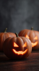 Glowing Halloween pumpkins with evil grins create spooky atmosphere