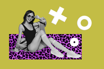 Pop surreal collage of person posing near flying cross plus elements on yellow background