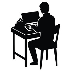 Fototapeta premium Man working on laptop at desk silhouette person