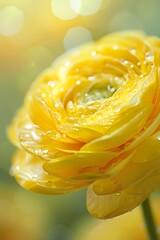 macro close-up of a blooming pale orange ranunculus flower, surrounded by fresh green leaves, with a softly blurred garden background