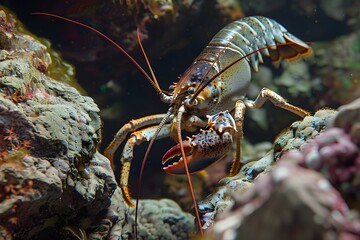macro close-up photograph of a lobster hiding among rocks, detailed shell texture, natural underwater lighting