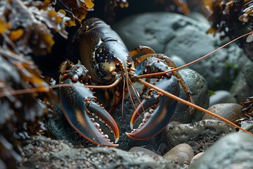 macro close-up photograph of a lobster hiding among rocks, detailed shell texture, natural underwater lighting