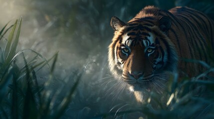 majestic tiger walking through the undergrowth, surrounded by tall grass and dense jungle