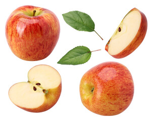 red apple (Envy Apple), half, slice and leaves isolated,  transparent PNG, PNG format