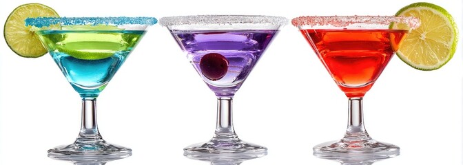 Three colorful cocktails in martini glasses, garnished with sugared rims and lime wedges
