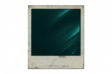 Old, worn, blank instant photo with teal green screen and transparent background, perfect for adding your own image