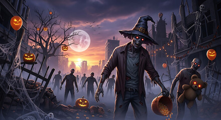Halloween zombie horde in a ruined cityscape with pumpkins and skeletons