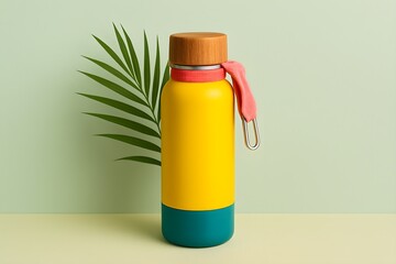 Fototapeta premium Vibrant yellow and teal reusable water bottle with a coral pink strap and wooden lid standing next to a lush green palm leaf against a soft mint green background