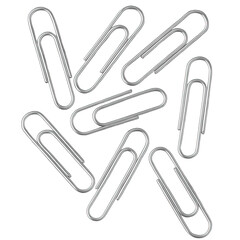 Photo of a collection of silver metal paperclips scattered and isolated on a transparent background, symbolizing office supplies, organization, and connecting documents