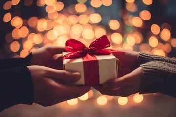 Giving a beautifully wrapped gift with a red ribbon, perfect for celebrating special moments and creating memories