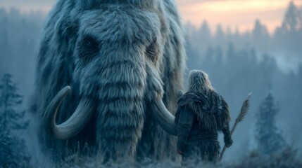 Prehistoric man faces woolly mammoth in misty forest at dawn scene view.