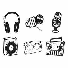 Illustration of headphones, microphones, speakers, and boombox isolated on white background