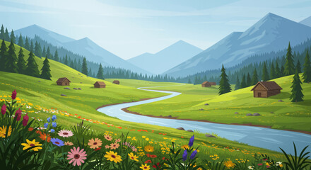 Idyllic Mountain Valley with Winding River and Cabins