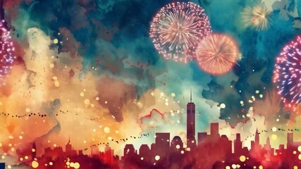 Colorful fireworks over the city skyline against a starry sky background. Great for advertising holiday events, New Year promotions, city festivals or postcards.
