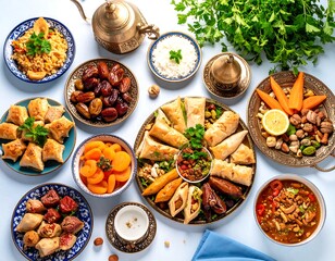 Assorted Middle Eastern dishes on a light blue surface