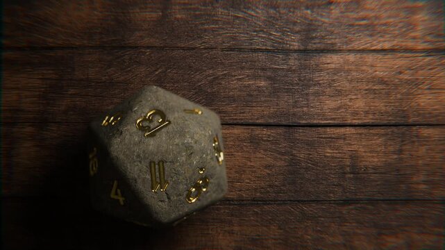 Realistic stone fantasy game dice animation showing all possible rolls from 1 to 20