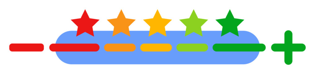 Rating scale with five stars and plus and minus signs vector illustration for survey feedback isolated on white 