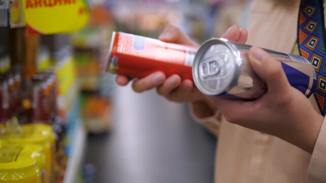 Close-up of a woman's hands thoughtfully selecting energy drink cans from a well-stocked retail shelf, showcasing vibrant packaging and flavor variety. 