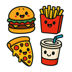 Adorable Doodle cartoon vector illustration of popular fast food items with smiling faces, including a cheeseburger, crispy French fries, cheesy pizza slice, and a refreshing soft drink in a cup