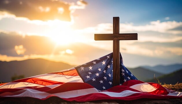 "A wooden cross stands solemnly before the American flag, evoking themes of faith, sacrifice, and national identity."
