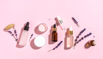 Skincare Essentials: Lavender, Serums, and Creams on a Soft Pink Background