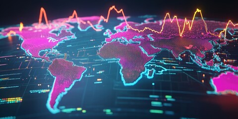 Dynamic Data Visualization with Global Map and Fluctuating Line Graphs in Vibrant Colors