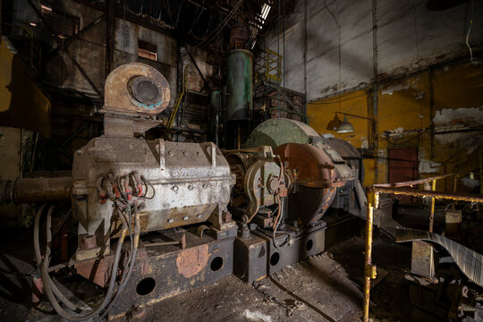 Abandoned Heavy Industrial Ruins with Large Blast Furnace in Steelworks