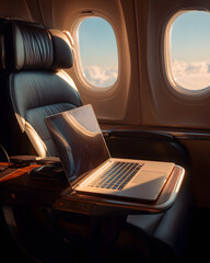 Obraz premium Business Class Seat with Laptop and Cloudy Sky View from Window