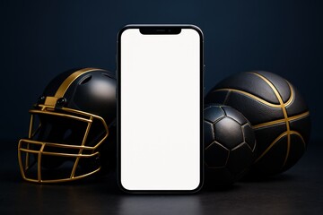Blank smartphone screen bridges sports innovation, showcasing a football helmet, soccer, and basketball, symbolizing future of technology integration within competitive games.