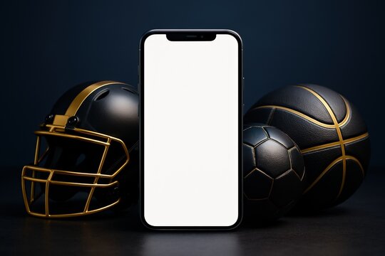 Blank smartphone screen bridges sports innovation, showcasing a football helmet, soccer, and basketball, symbolizing future of technology integration within competitive games.