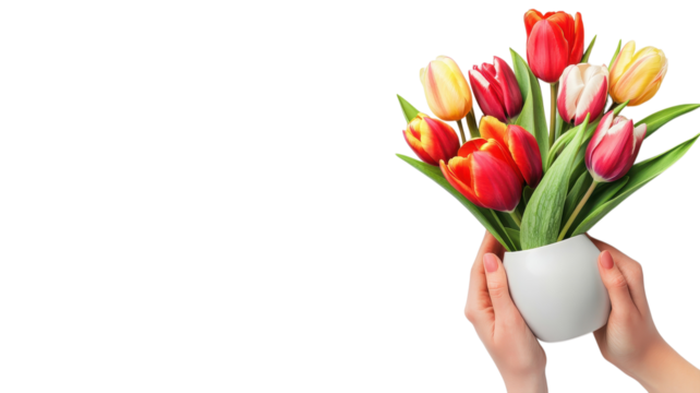 Hands hold a white vase filled with vibrant tulips in multiple colors, showcasing a cheerful spring arrangement