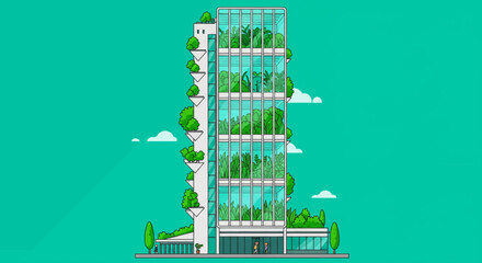 Modern Green Skyscraper with Vertical Gardens and Trees