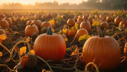 Golden Harvest: Ripe Pumpkins Glowing in a Sun-drenched Autumn Field