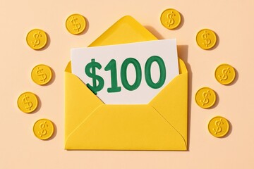 Golden Coins Frame Open Yellow Envelope Revealing a crisp 100 dollar bill, symbolizing prosperity, financial success, and a generous monetary gift.