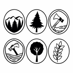 Illustration of tree, mountain and axe in circle isolated on white background