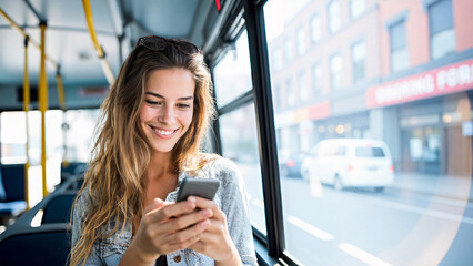 A woman smiling while using her mobile phone on a bus, enjoying her ride. The scene captures the everyday travel with a touch of modern technology. The bus is moving forward on a city road.