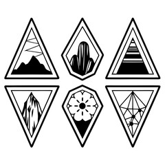 Collection of six geometric mountain and nature icons isolated on white background