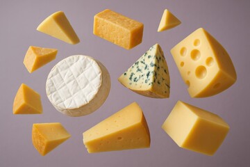 Various Cheese Types Float Playfully in Mid-Air, creating a delicious dairy display against a modern minimalist backdrop perfect for food enthusiasts.