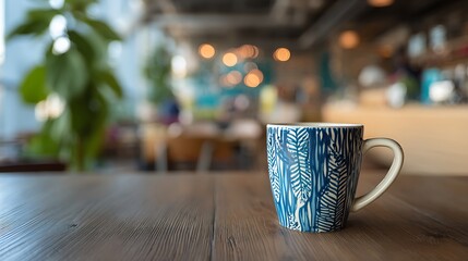 Empty custom printed coffee mug sitting on wooden table in cafe, representing company branding and promotional merchandise.