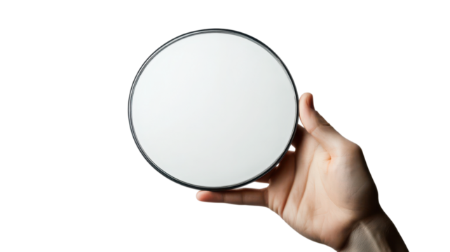 A hand holds a circular reflective surface against a plain background, emphasizing simplicity and clarity