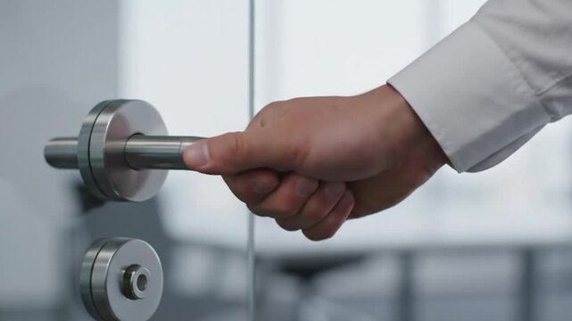 Main sur la poign&eacute;e d'une porte de bureau