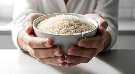 Close-up of hands holding a bowl of uncooked rice, sharp texture, soft lighting, minimalist kitchen, face hidden.