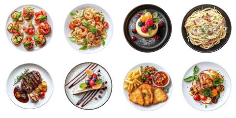 Set of different delicious restaurant dishes isolated on transparent background PNG